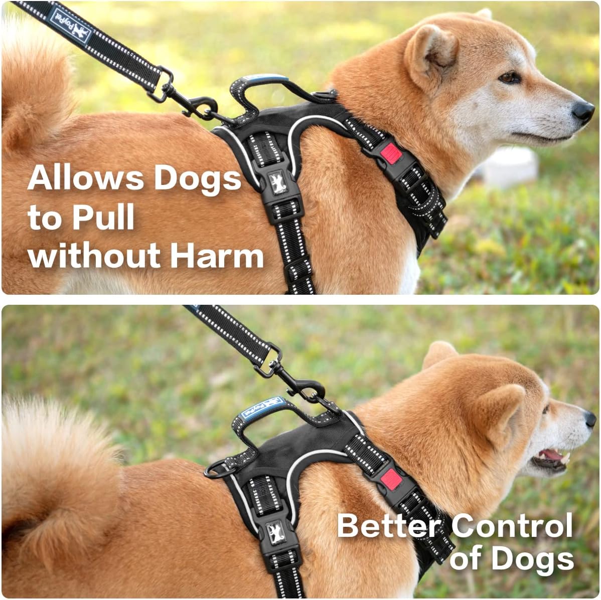 PoyPet No Pull Dog Harness, No Choke Front Clip Reflective Dog Vest with Soft Padded Vertical Handle, 3 Leash Attachments for Small Medium Large Dogs (Black,L)