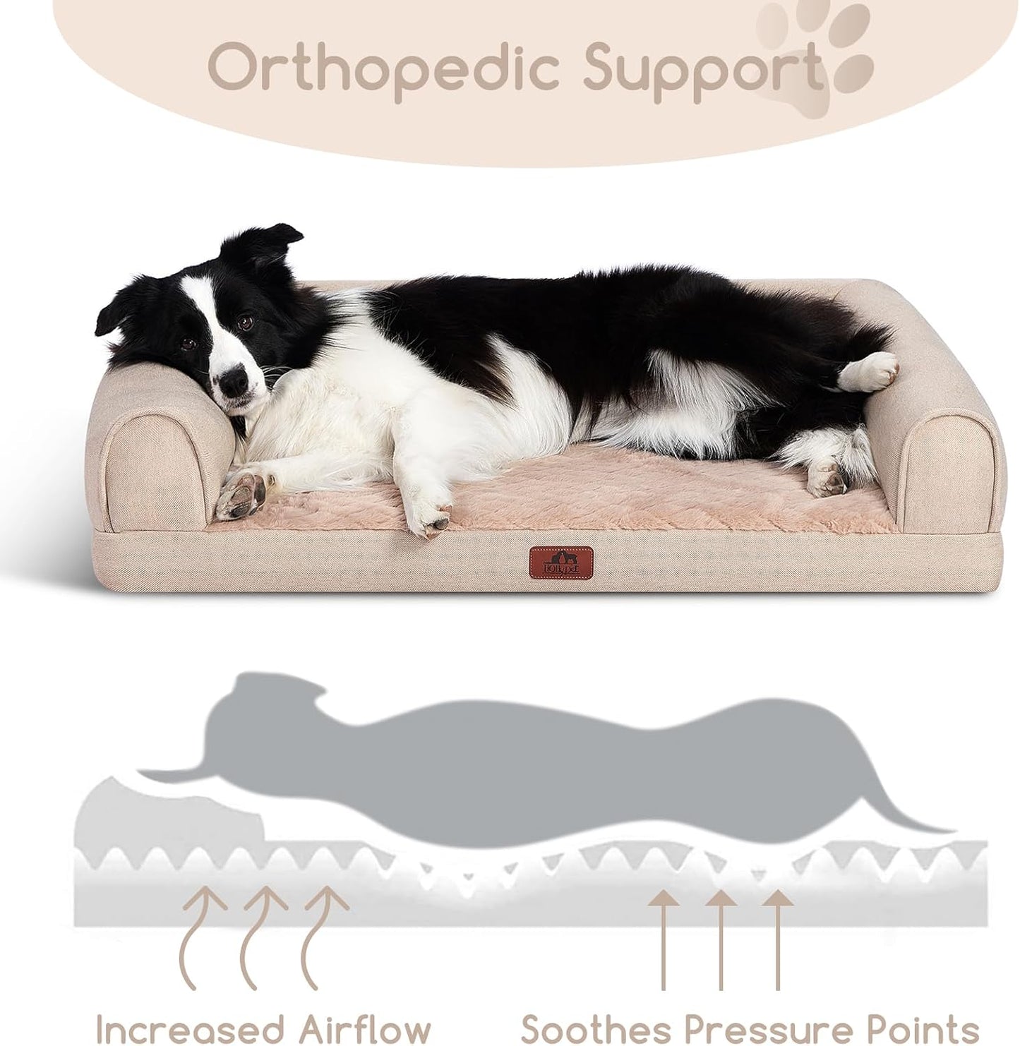 Hollypet Orthopedic Dog Bed for Large Dogs, Supportive Foam Pet Couch with Removable Washable Cover and Non-Slip Bottom, Waterproof Lining Sofa Bed, Khaki, L (36 * 26 * 8)