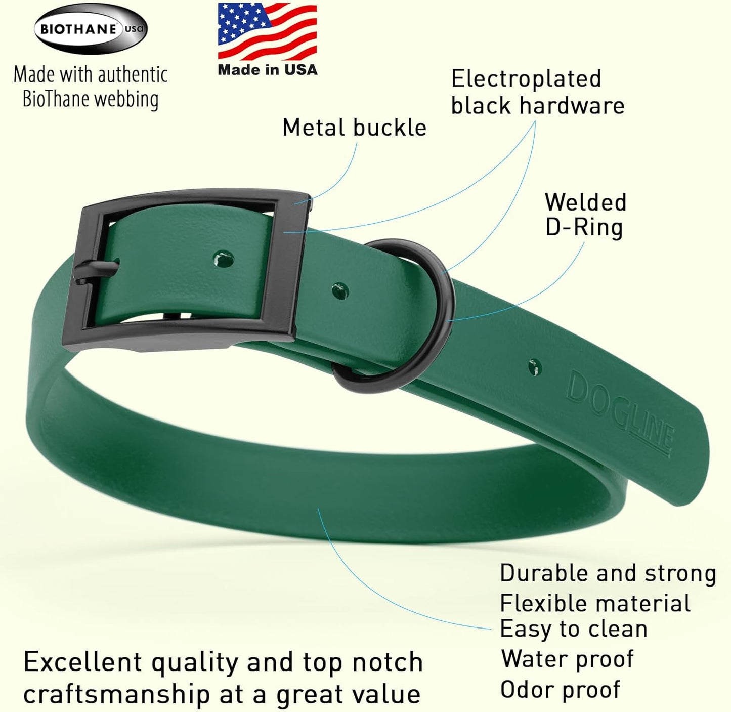 Dogline Biothane Waterproof Dog Collar Strong Coated Nylon Webbing with Black Hardware Odor- Proof for Easy Care Easy to Clean High Performance Fits Small Medium or Large Dogs, Hunter Green