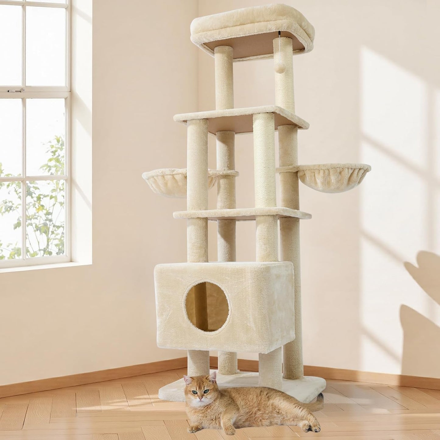 Gardner Pet 65in Heavy Duty Cat Tree Tower for Large Cats, Multi-Level Cat Furniture with Replaceable Sisal Scratching Post, Hammock | Extra-Large Platform & Condo (Beige)