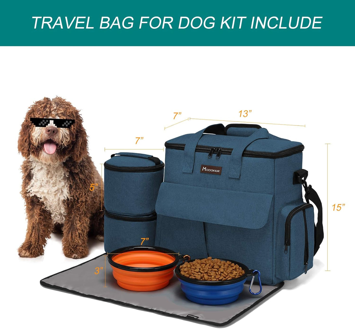 Modoker Dog Travel Bag, Weekend Pet Travel Set for Dog and Cat, Airline Approved Tote Organizer with Multi-Function Pockets, 2 Food Storage Containers, 2 Collapsible Bowls, 1 Feeding Mat (Blue)