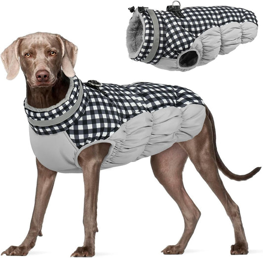 FUAMEY Dog Coat for Large Dogs,Waterproof Dog Winter Jacket with Harness Built in Puppy Cold Weather Coats Reflective Pet Vest with Zipper Warm Fleece Dogs Snowsuit Windproof Checkerboard 3XL