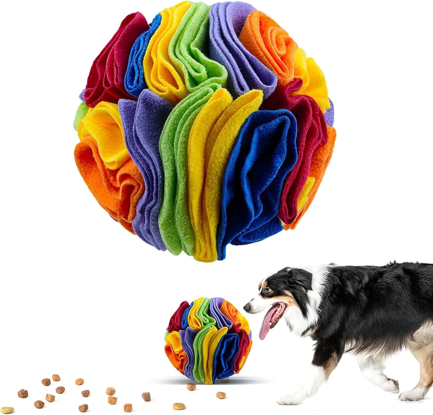 Pet Snuffle Ball, Puzzle Sniffing Interactive Dog Ball for Blind Dogs Training Stress Relief Dog Enrichment Toys Treat Machine Washable (20cm, Rainbow Color)