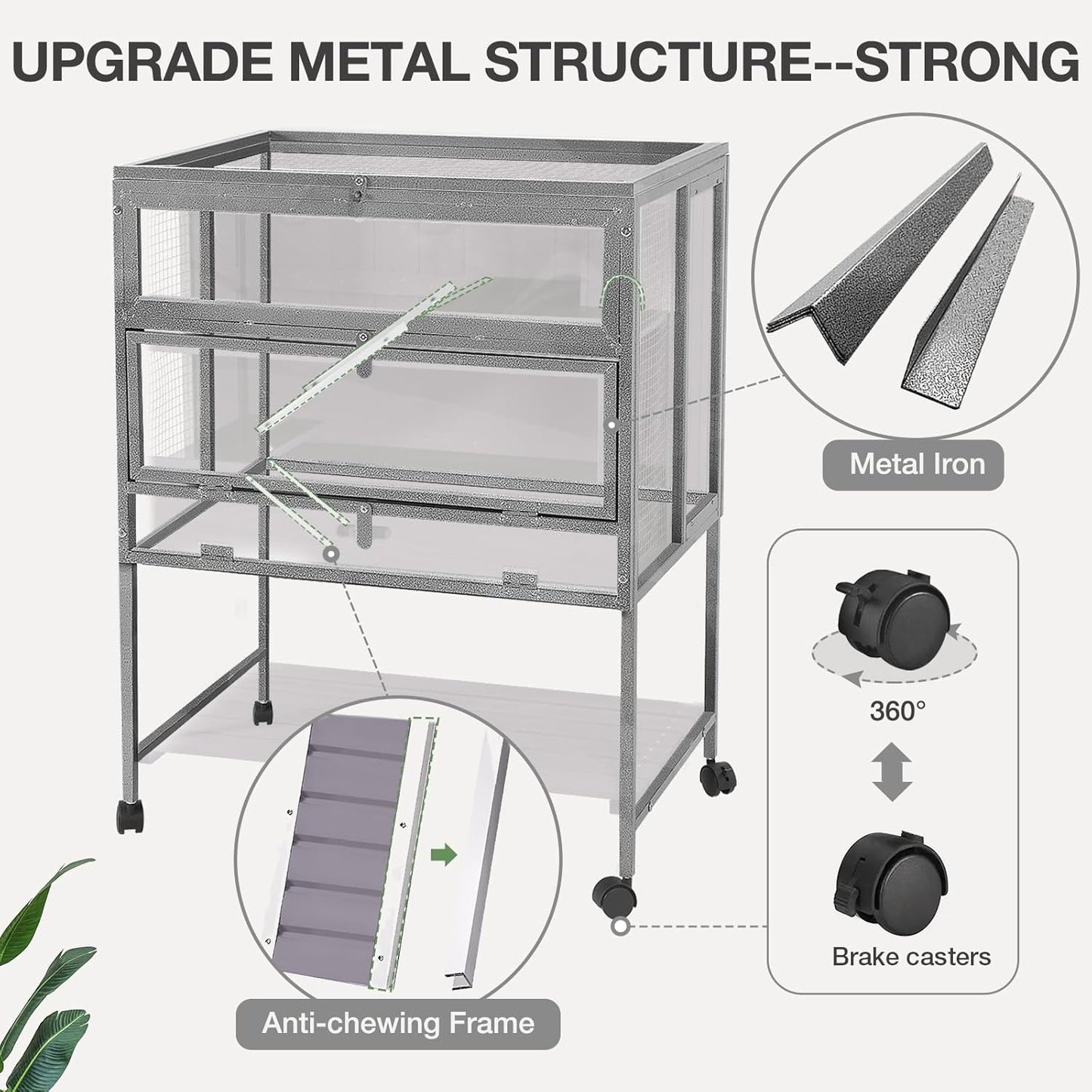 Guinea Pig Cage, Moveable Metal Frame Hamster Cage Anti-Chewing with Aluminium Alloy Edge, Hideouts, Ramps, Seesaws Chewing Toy, Deeper Pull-Out Leakproof Tray for Indoor Outdoor(Grey