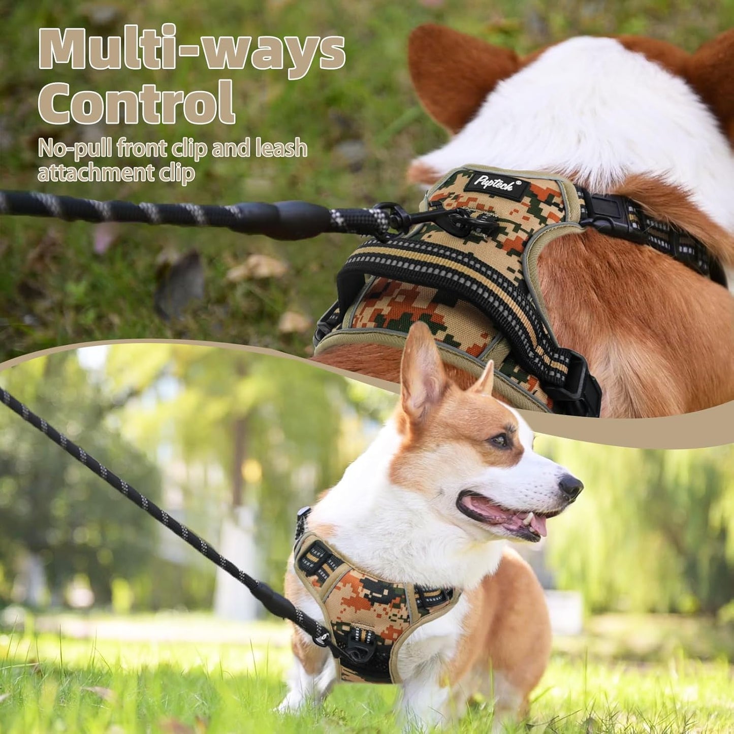 PUPTECK No Pull Dog Harness for Large, Adjustable Reflective Dog Harness with Handle Easy Control, Comfortable Soft Padded Pet Vest Harness for Large Dogs, Camouflage L