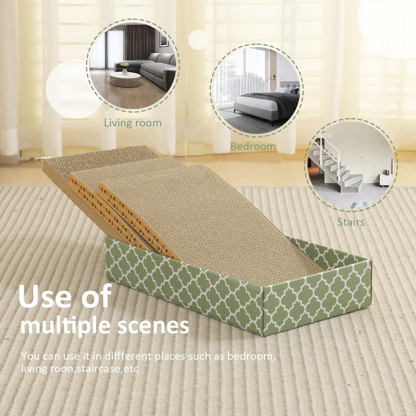 MECOOL Cat Scratching Board，3PC Scratch Pad with Box，Reversible Corrugated Scratcher Cardboard and Lounge Bed for Indoor Cats, Catnip