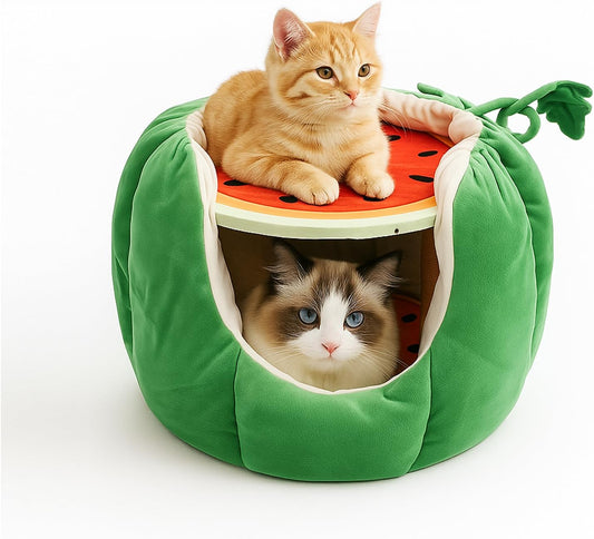 Cat Houses for Indoor Cats, Small Cat Tree with Sisal Ropes and Plush Perch, Cute Cat Bed Cave with Soft Pillow, Watermelon Design