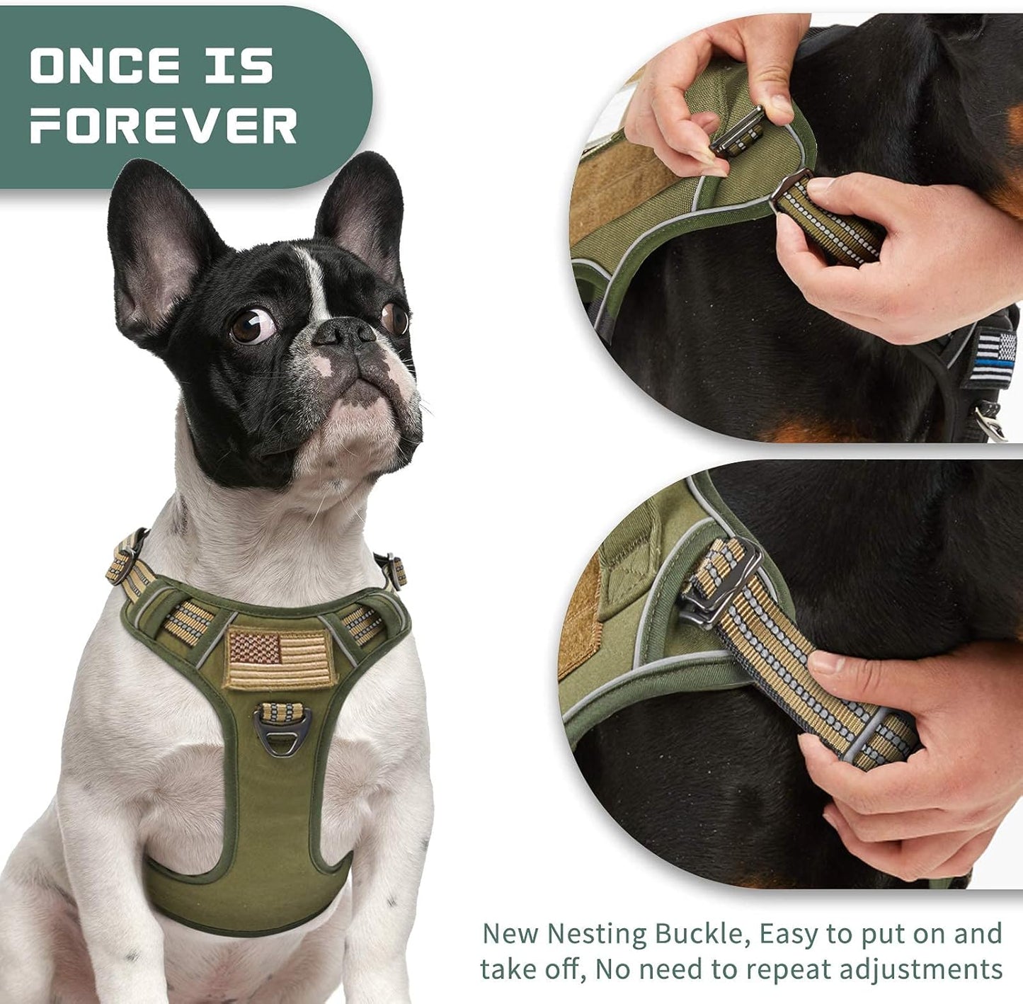 BUMBIN Tactical Dog Harness for Medium Dogs No Pull, Famous TIK Tok No Pull Dog Harness, Fit Smart Reflective Pet Walking Harness for Training, Adjustable Dog Vest Harness with Handle Green M