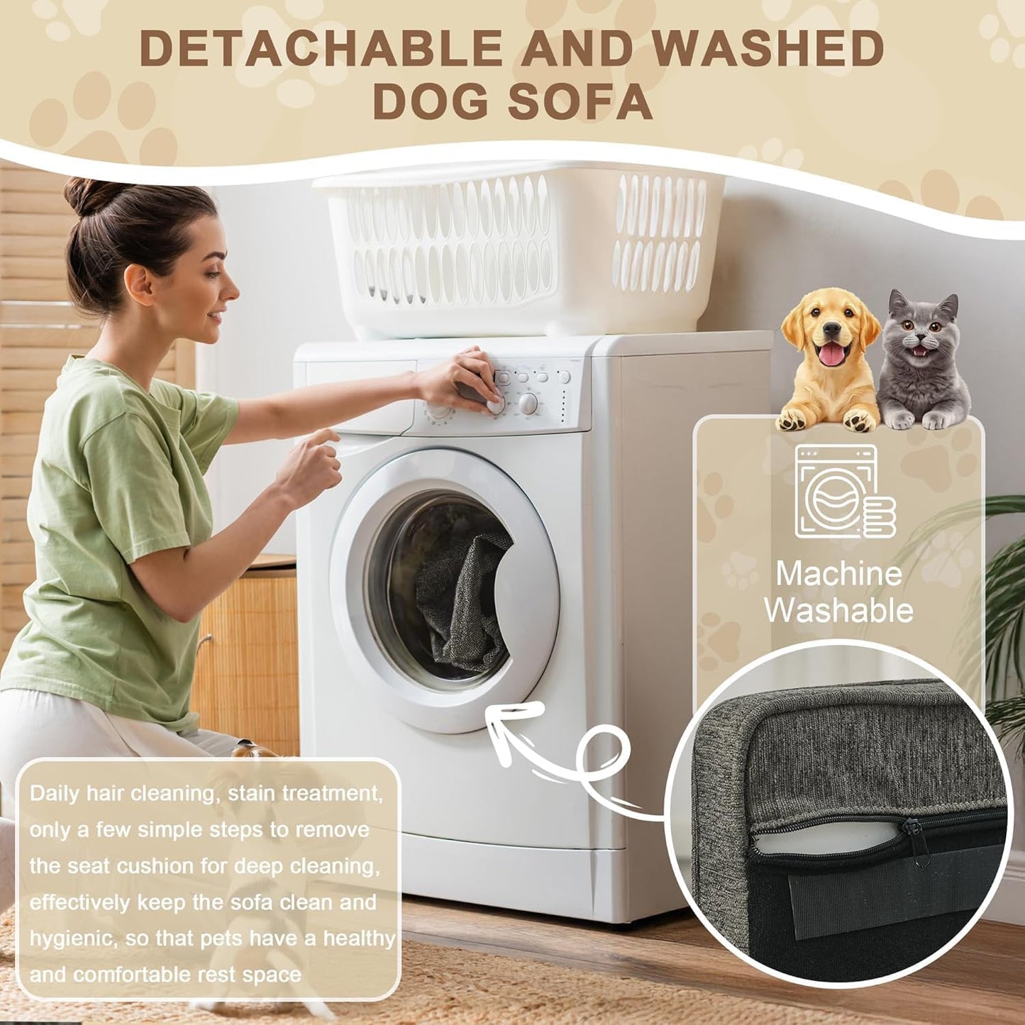 Dog Sofa Couch for Medium Dogs, 31" Memory Foam Dog Couch with Washable Fabric, Removable Cushion, Sofa Bed for Medium Dogs, Grey