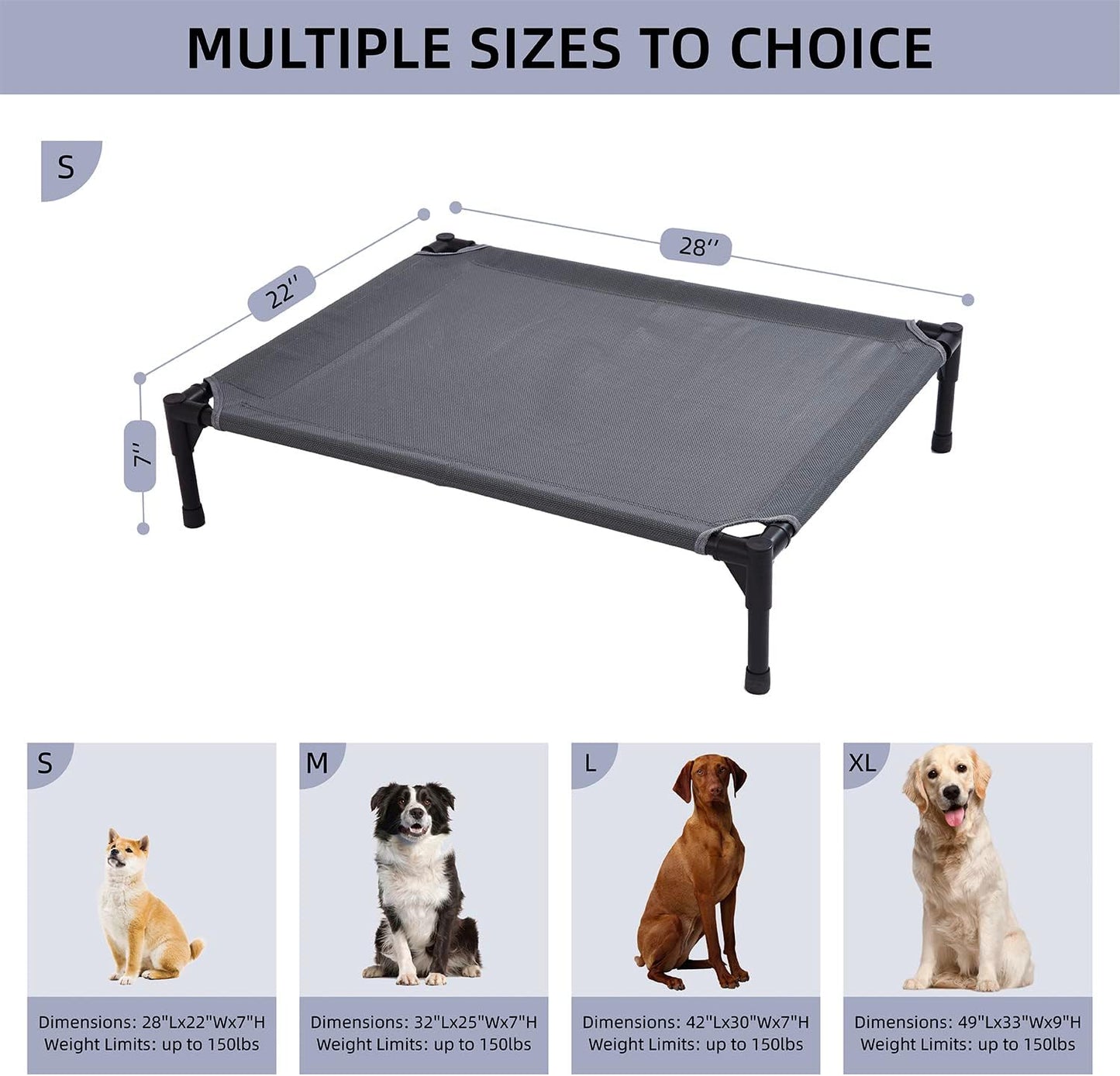 pettycare Elevated Outdoor Dog Bed - Dog Cots for Small Pet, Heavy Duty Raised Cot Waterproof, Cooling Pets Bed with Washable Durable Teslin Mesh and Non Slip Feet, 28 Inches, Grey