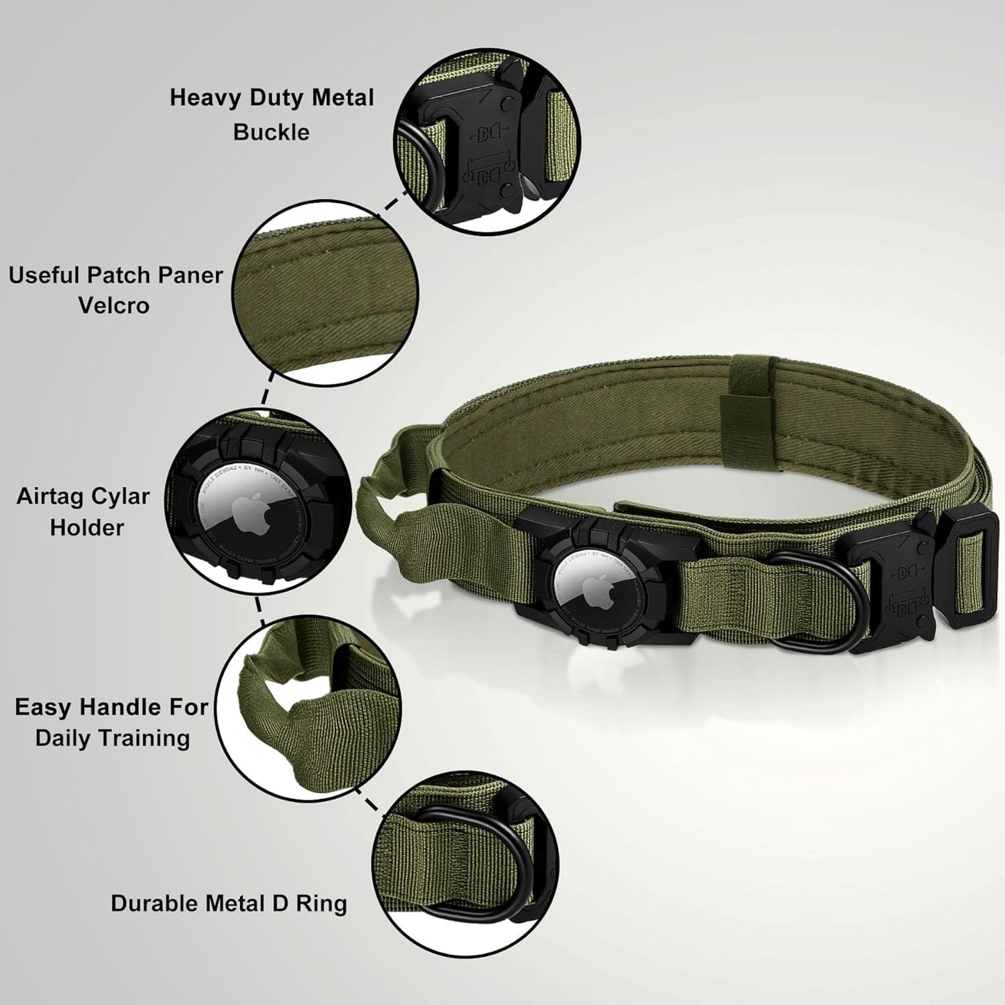 Tactical AirTag Dog Collar Leash Set - Heavy Duty, Adjustable GPS Collar Compatible with Apple AirTag, with Holder & Control Handle for Medium/Large Dogs [ Green, M ]