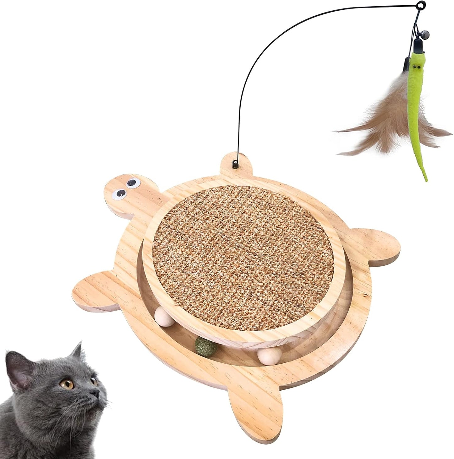 Petest Interactive Cat Toy Cat Scratch Toy Natural Sisal Scratcher with Catnip Balls, Cat Scratch Pad, Turtle Design