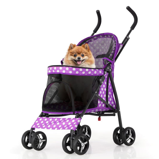 MoNiBloom 4 Wheels Pet Stroller, Easy-Fold Umbrella Shaped Dog Cat Jogger Stroller w/Storage Bag & Visible Mesh for Small/Medium Dogs Cats Purple Polka Dots