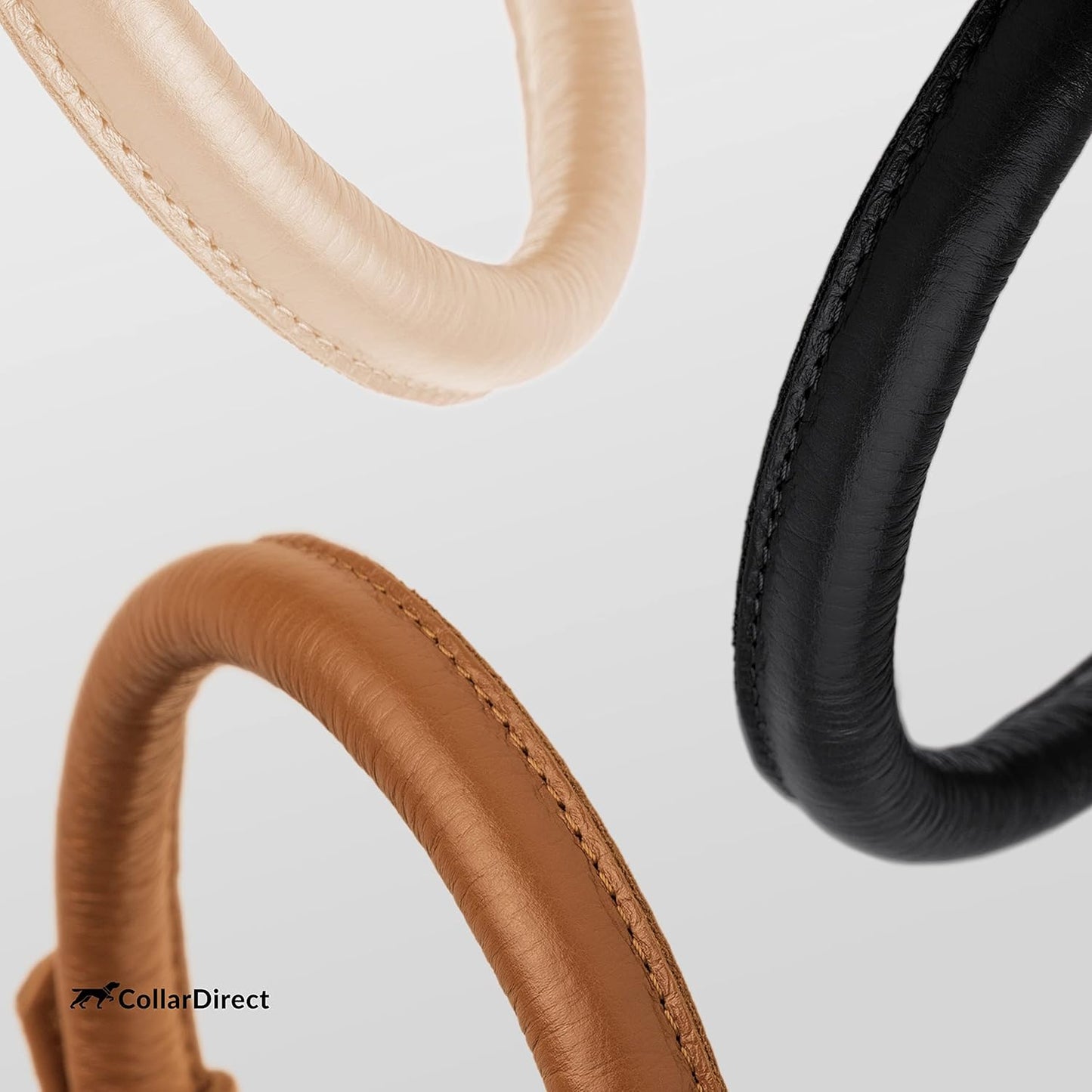 CollarDirect Rolled Leather Dog Collar, Soft Padded Round Puppy Collar, Handmade Genuine Leather Collar Dog Small Large Cat Collars 13 Colors (13-16 Inch, Black Textured)