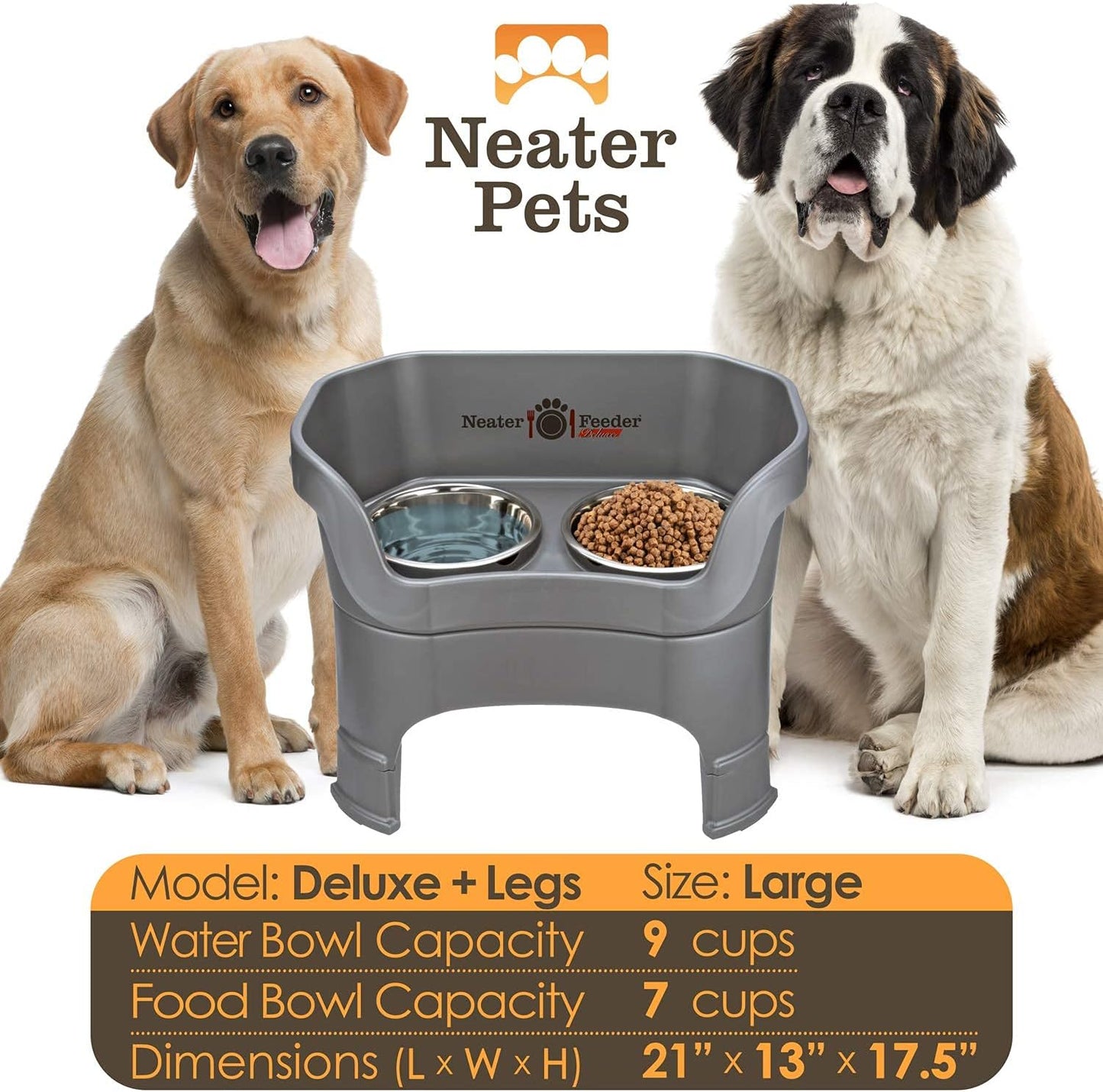 Neater Feeder Deluxe Mess Proof Dog Bowls Elevated for Large Dogs – Made in USA – No Spill Raised Dog Food Bowl Stand w/Leg Extensions – Stainless Steel Dog Food and Water Bowl Set – Grey