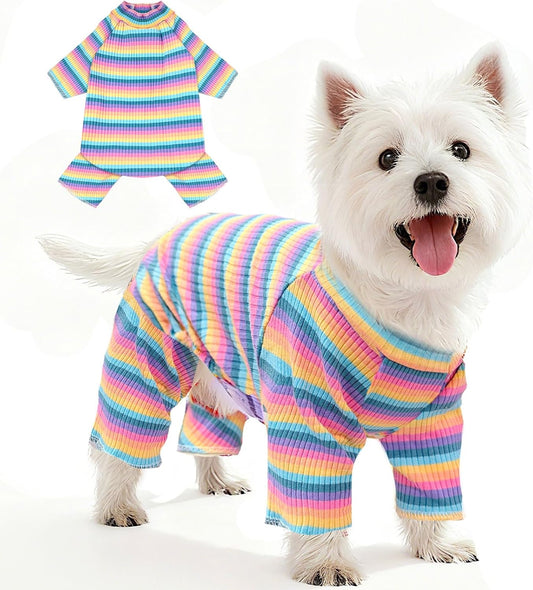BAEJMJK Striped Dog Pajamas Stretchy Cute Four-Legged Boy Girl Dog Clothes with Sleeves Comfortable Dogs Jumpsuit Colorful Pet Puppy Outfits Apparel for Small Medium Dogs Cats(Pink,Pink,X-Large)