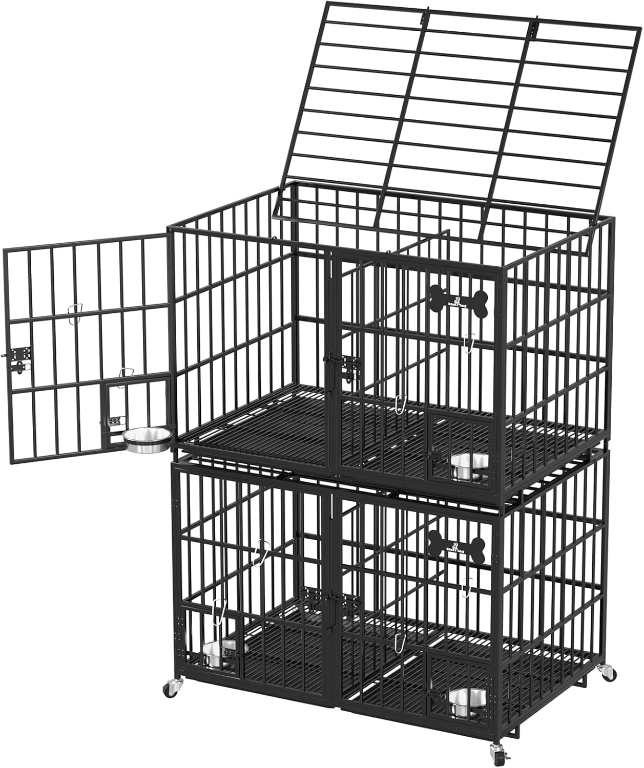 aboxoo 48 inch Stackable Heavy Duty Metal Dog Crate for 4 Dogs/Large Dog,All Metal Open Top Access,Escape Proof Cage,Dog Kennel Indoor with Wheels,Floor Grid, Tray, Divider and Feeding Bowl