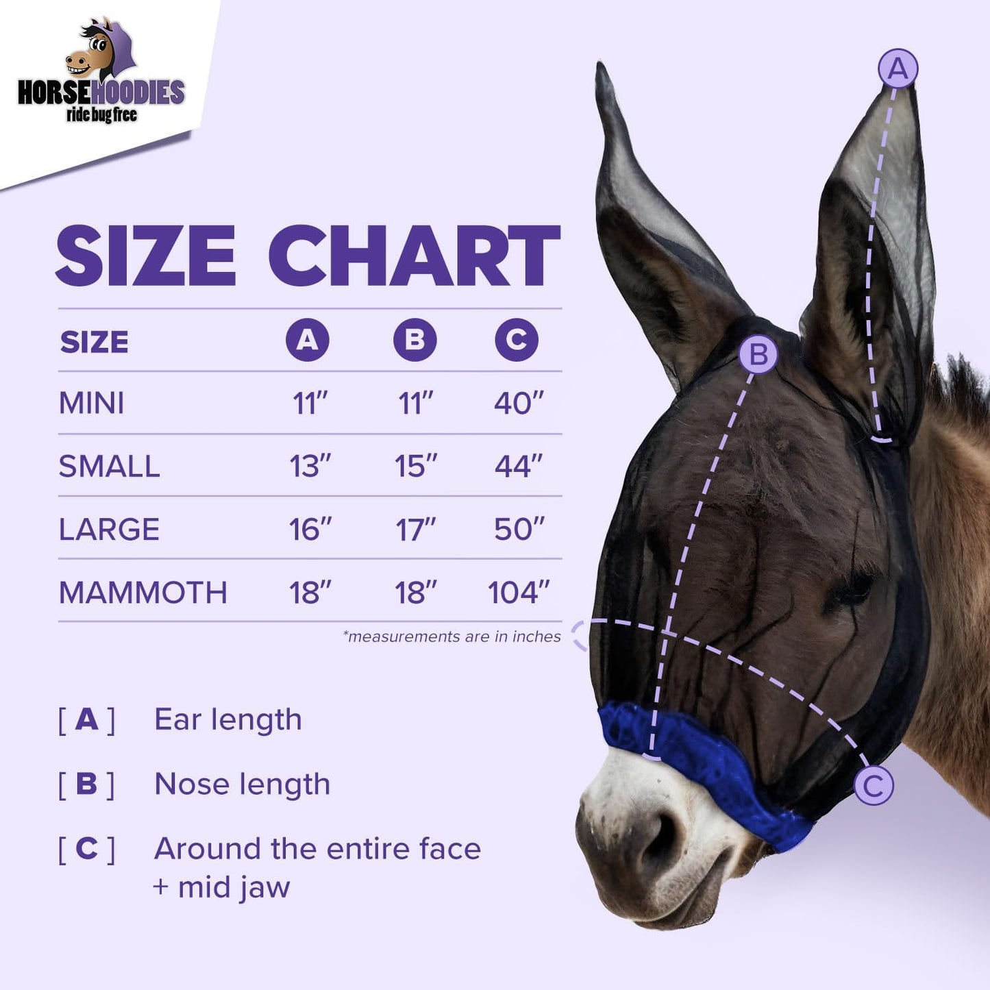Donkey Fly Mask with Long Ears (Purple) Made in USA - Mule Fly Mask with Ears Protection from Insects and Bugs, Mini Donkey Soft Mesh Fabric with Adjustable Fastener, Face Cover Supplies for Donkeys