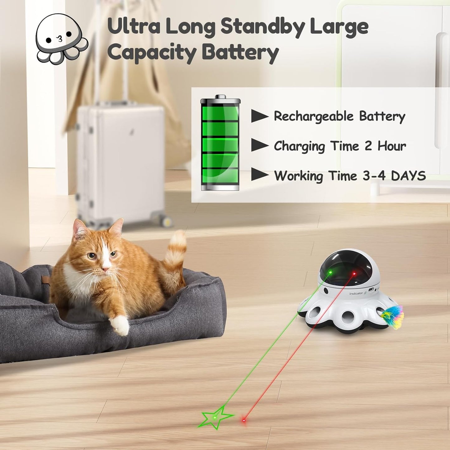 ORSDA Cat Laser Toy, 2-in-1 Interactive Automatic Motion Activated Moving 8 Holes Whack A Mole Feather, USB Rechargeable Electronic Smart Sensor Kitten Toys for Indoor Exercise