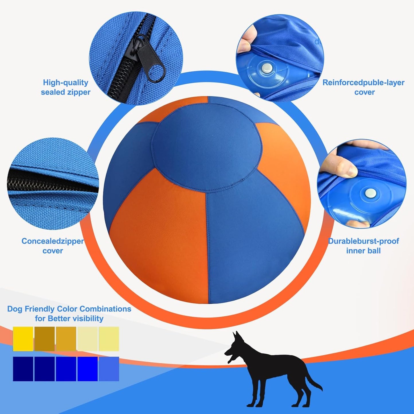 Herding Ball for Dogs 18" - Durable Waterproof Dog Toy, Dual-Layer Large Interactive Pet Play Ball for Australian Shepherds, Cattle Dogs, Collies, and All Herding Breeds (Orange+Blue)