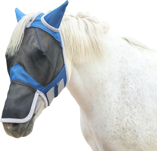 Horse Fly Mask with Ears & Long Nose Cover | Forelock Opening for Tangle-Free Mane Care | UV Protection & Breathable Mesh | No Rub Fit and Enhanced Visbility for Trail Riding RoyalBlue Full