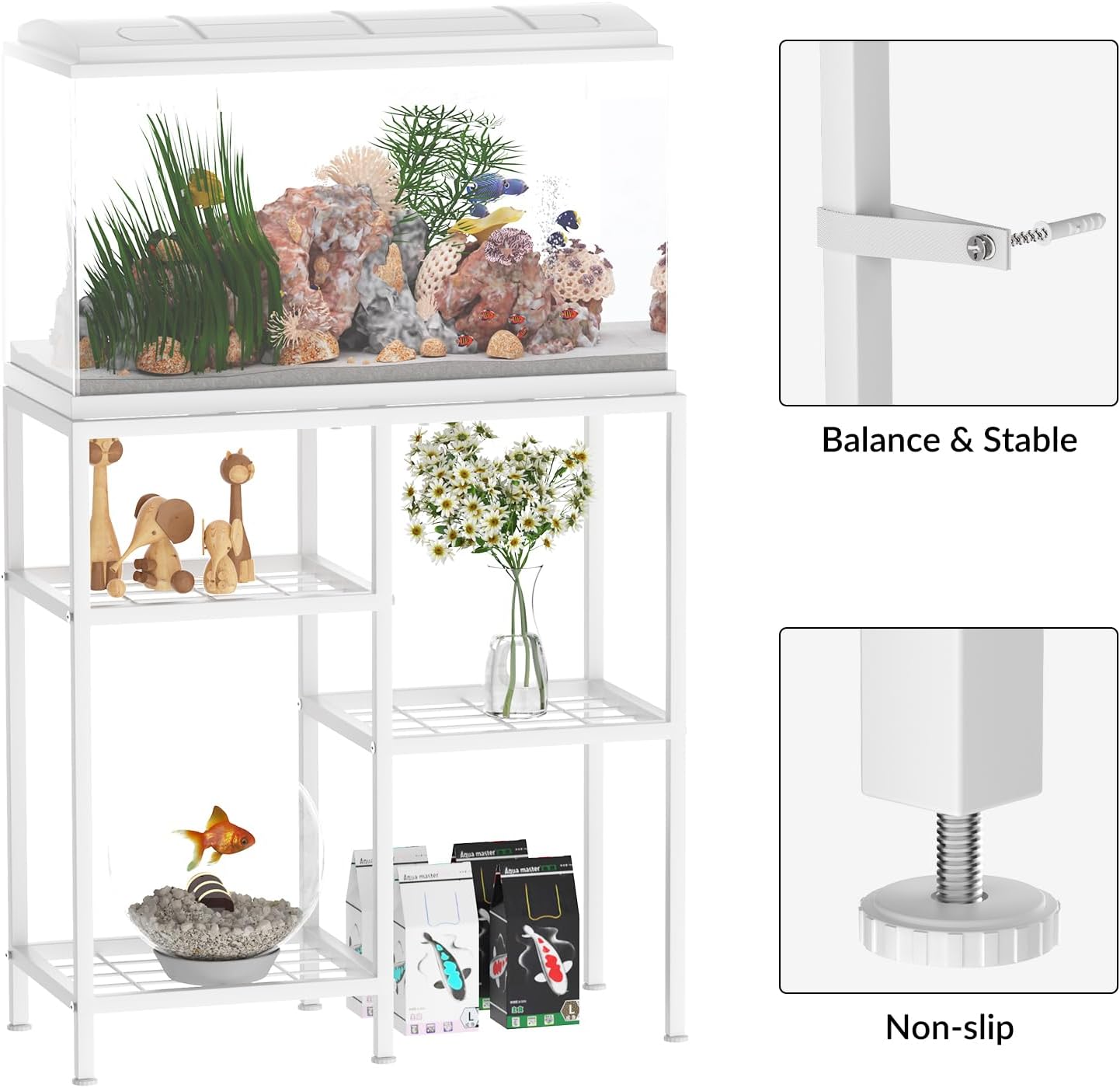 20 Gallon Fish Tank Stand White Metal Aquarium Stand Turtle Tank Stand Reptile Tank Stands 3 Tier Fish Tank with Stand