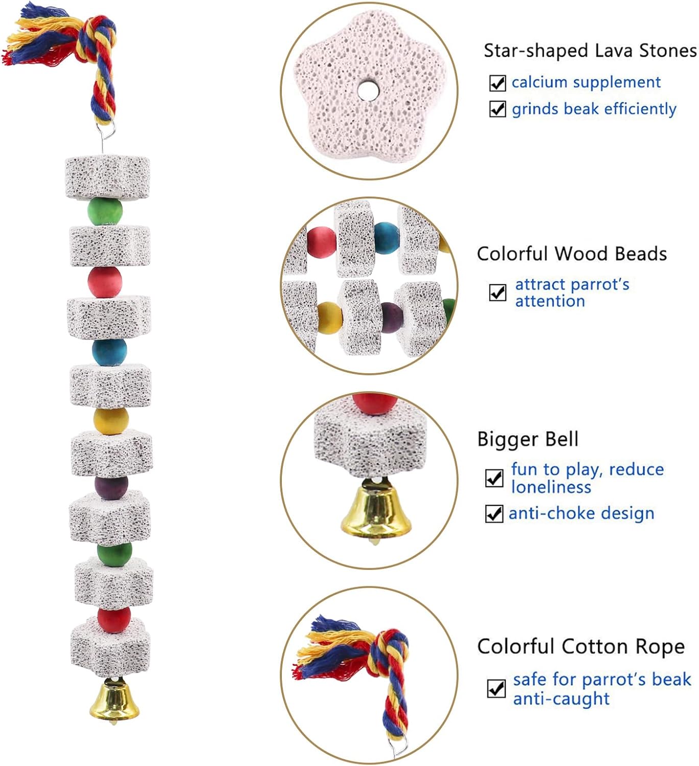 2 Pack Mineral Block Chew Toys with Colorful Beads and a Bell, Bird Beak Grinding Stone, Cage Accessories for African Grey, Budgies, Cockatiels, Small to Medium Birds