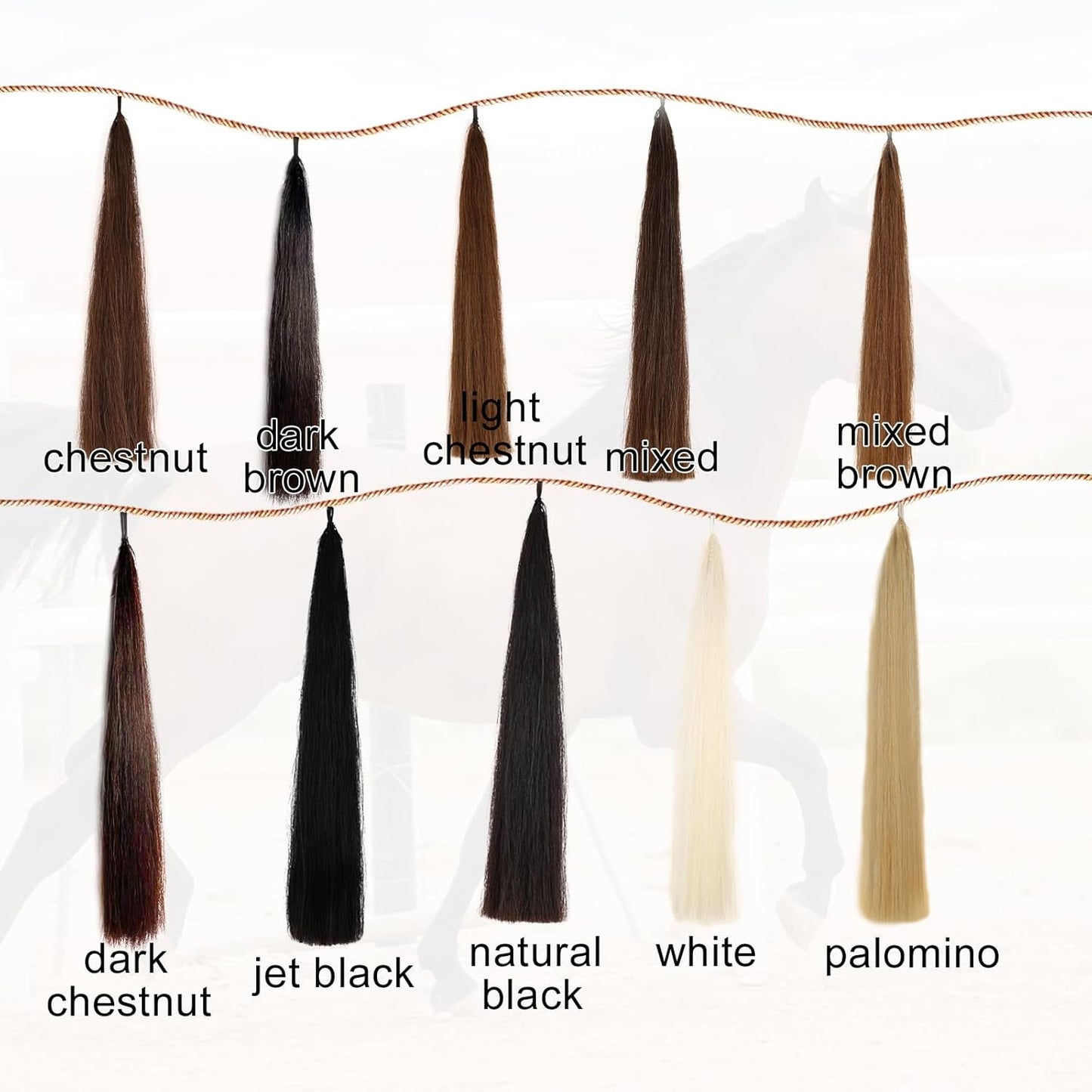 Horse Tail Extensions with Natural Loop Top, Blunt Cut Bottom, 3/8 LB 28-30 Inches Long （Jet Black）