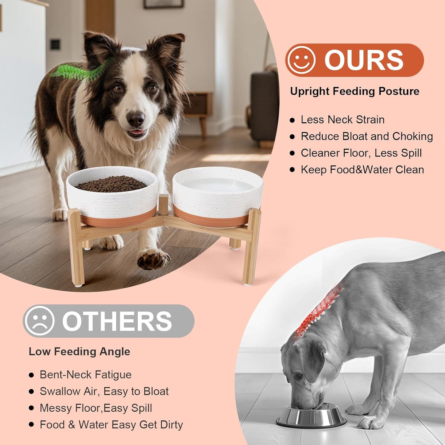 SPUNKYJUNKY Elevated Dog Bowls Ceramic, 7.3'' Dogs Food Water Bowls Raised with Non-Slip Bamboo Stand for Medium to Large Sized Breed Microwave Dishwasher Safe - 42 OZ,Pattern White