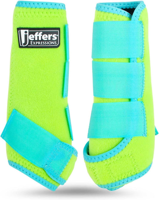 Jeffers Equine Neon Horse Boots – 1 Pair – Lime and Turquoise – Small Size – Breathable Neoprene, Secure Strap Closures – Durable Protection for Front & Hind Legs, Training, Trail & Riding Use