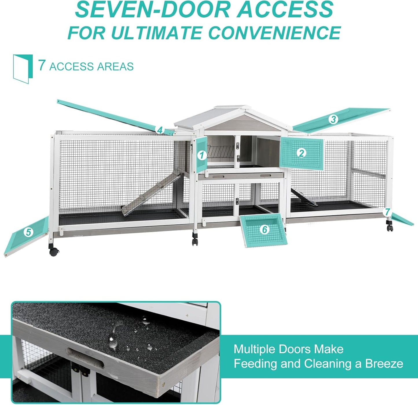 2-Tier Rabbit Hutch with Wheels, Indoor & Outdoor Small Animal Cage with Deep Pull-Out Tray, Anti-Chew Frame, Habitat for Bunny, Guinea Pig, Chinchilla (93" L x 19" W x 35" H)