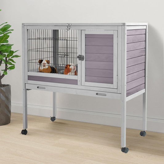 GUTINNEEN Wooden Guinea Pig Cages with Wheels for Indoor & Outdoor, 2-Story Rabbit Cage Bunny Hutch with Wire Mesh & Leakproof Pull-Out Tray for Guinea Pigs, Hamsters, Small Animals (Grey)