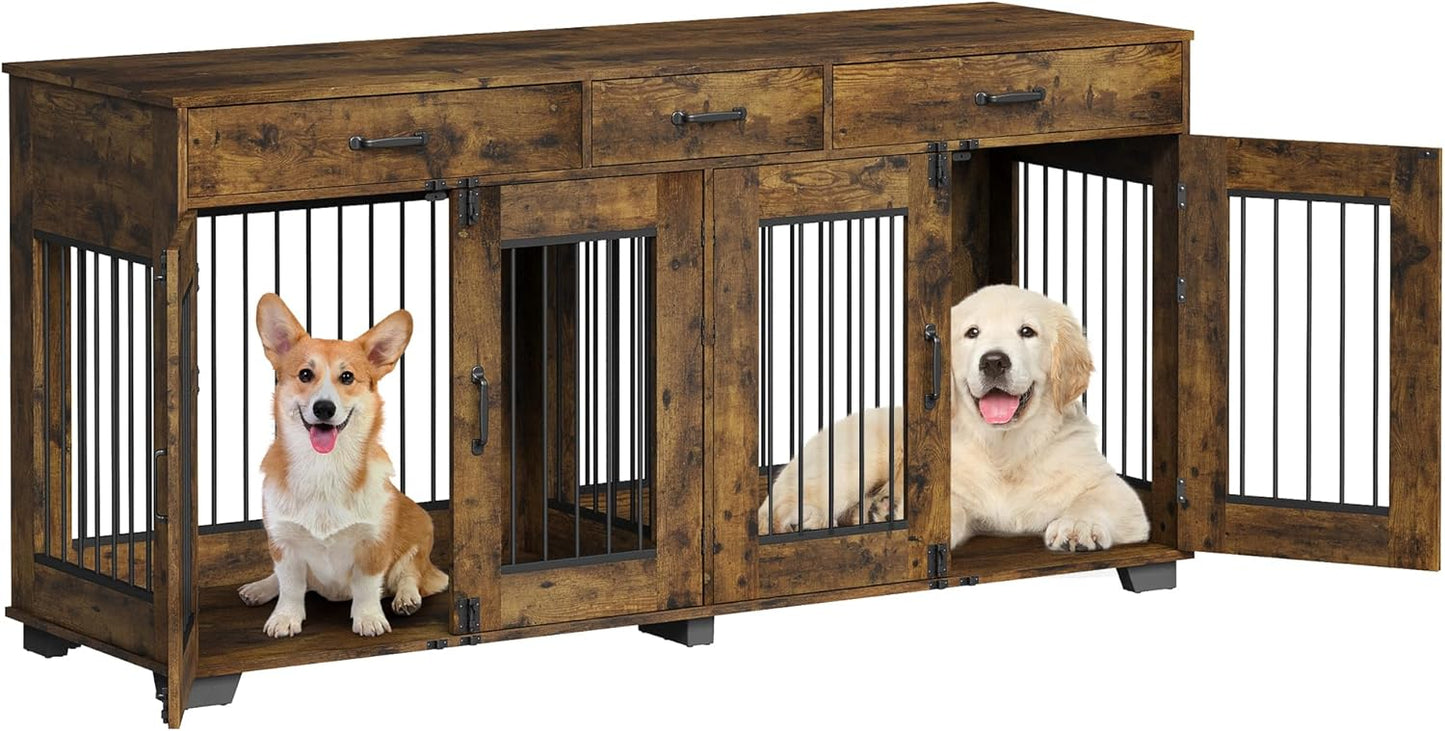 71'' Dog Crate Furniture, Wooden Indoor Dog Kennel for 2 Dogs with 3 Drawers and Removable Room Divider, XXL Double Dog Crate TV Stand End Table with Double Doors for Large Medium Dogs, Rustic Brown