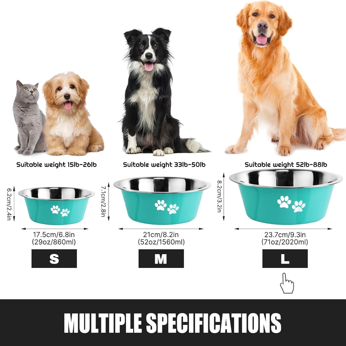 Stainless Steel Dog Bowls, Nonslip Rubber Bottom No Spill Proof Skid Metal Insulated Dog Bowls for Large Medium Small Breed Dogs (Green, 8.5 Cups/71 OZ)