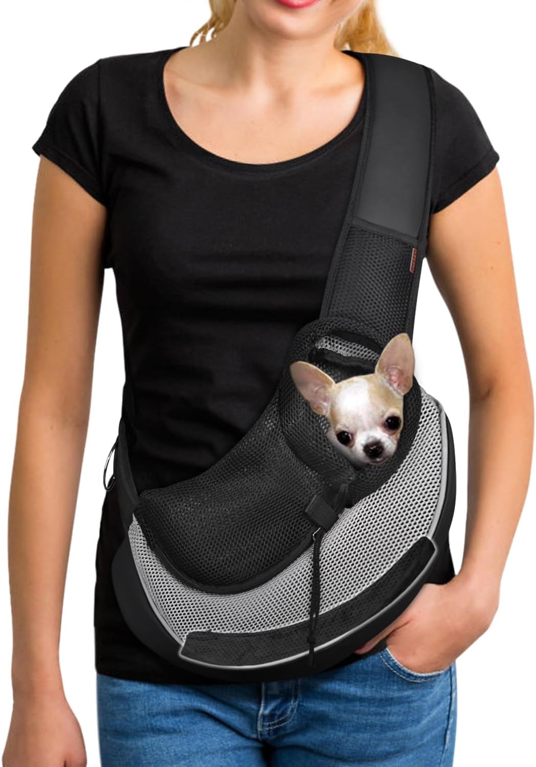 YUDODO Pet Sling Carrier for Small Dogs & Cats – Hands-Free Puppy Carrier with Safety Hook, Large Zipper Pocket, Soft Breathable Mesh, Adjustable Strap & Reflective Strip (Gray 3.0 S)