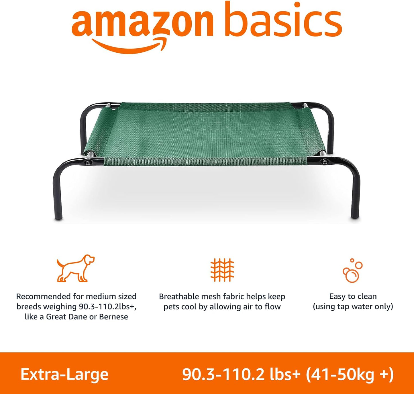 Amazon Basics Cooling Breathable Elevated Dog Bed with Durable Metal Frame, for Large Dogs, X-Large, 60 x 37 x 9 Inch, Green