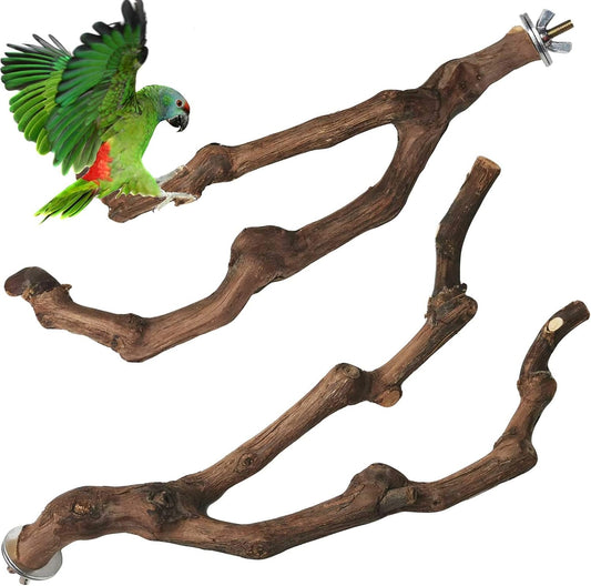 PINVNBY Natural Parrot Perch Bird Stand Pole Wild Grape Stick Paw Grinding Fork Parakeet Climbing Standing Branches Toy Chewable Cage Accessories for Small Lovebirds Budgies Cockatiels 2PCS