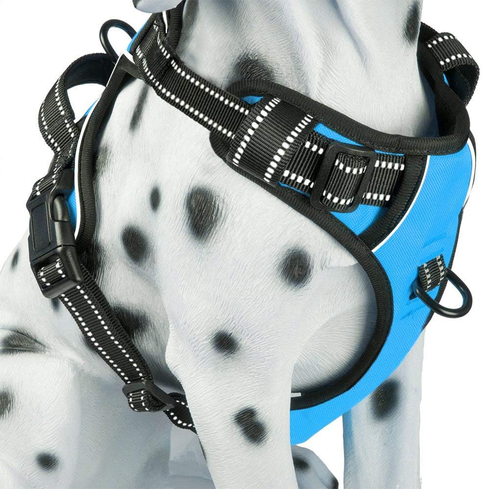 PoyPet No Pull Dog Harness, Reflective Comfortable Vest Harness with Front & Back 2 Leash Attachments and Easy Control Handle Adjustable Soft Padded Pet Vest for Small to Large Dogs (Blue,XL)