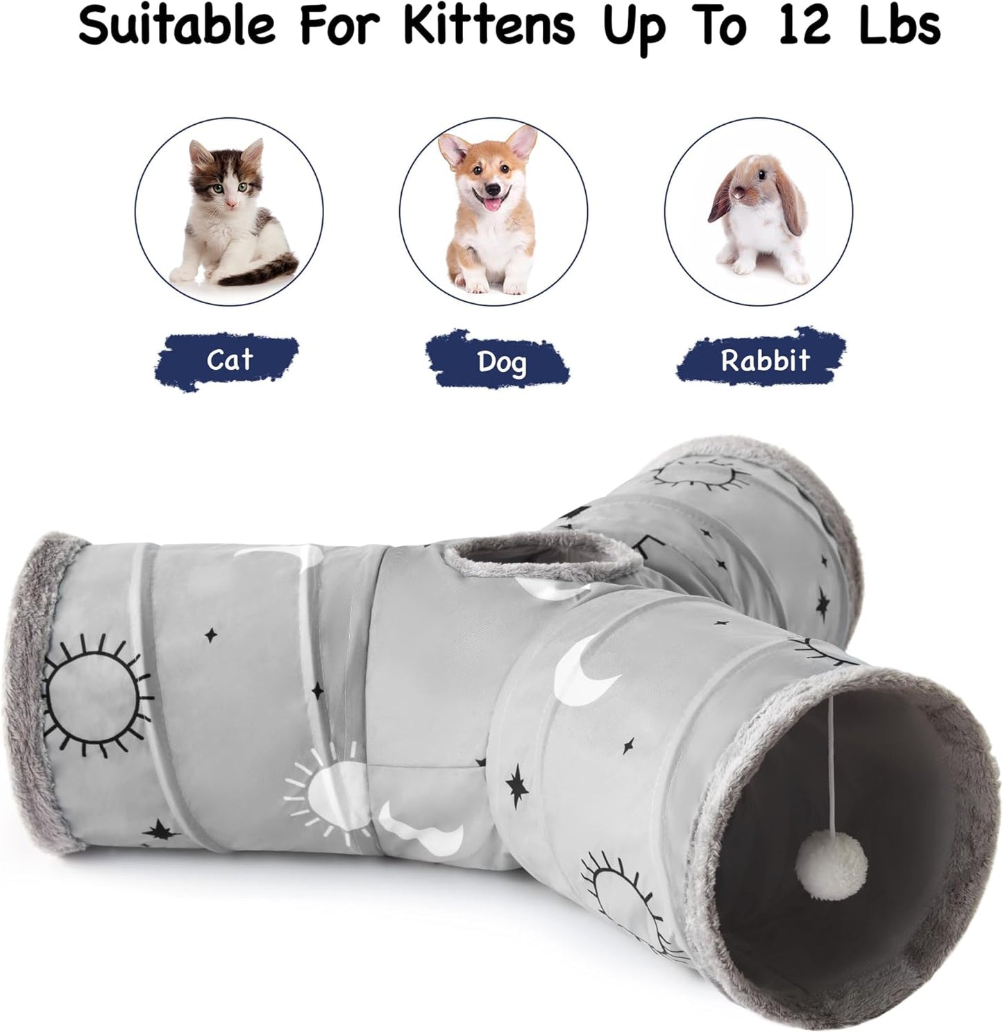 Tempcore Pet Cat Tunnel Tube Cat Toys 3 Way Collapsible, Cat Tunnels for Indoor Cats Fleece-Lined in for Warmth，Kitty Tunnel Bored Pet Toys Peek Hole Toy Ball Puppy, Kitten, Rabbit Gray Sun