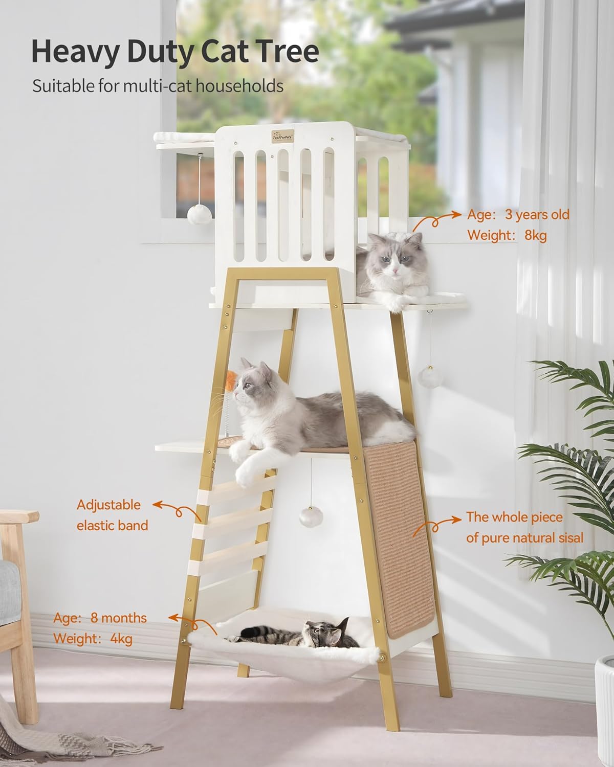 FourFurPets Modern Cat Tree, 58-Inch Cat Tower for Large Cats, Maine Coon Cat Tree with Scratching Board, Large Perch, Hammock and Removable Pads, White