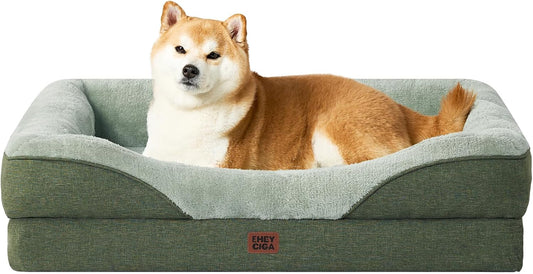 EHEYCIGA Memory Foam Dog Bed for Large Sized, Orthopedic Dog Sofa with Sides and Waterproof Liner, Washable Bolster Pet Couch with Removable Cover, 36x27x7 Inch, Green