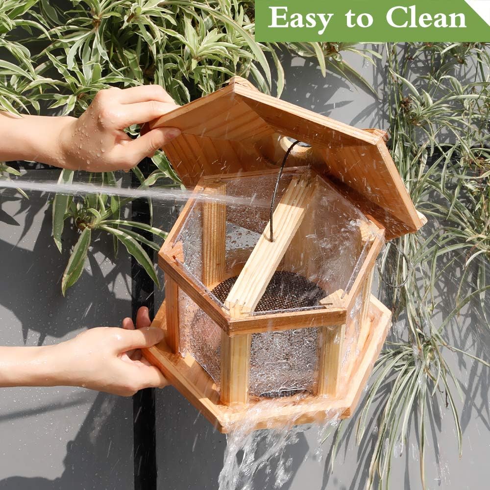 Solution4Patio Bird Feeder for Outdoors - USA Cedar Hexagon Gazebo Bird Feeders with Vented Mesh Tray, Easy-Clean & Fill Design 9.6" Dia. X 8.7" H 3.2-lb Capacity