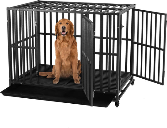 LUCKUP Heavy Duty Dog Crate-38 inch Large Metal Dog Cage with 2 Doors and 4 Wheels, Stackable Dog Kennel for Large & Medium Dogs, Removable Tray