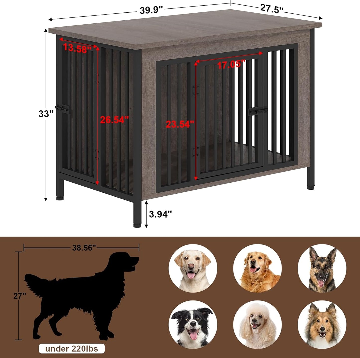 EasyCom 39.96" XL Wooden Large Dog Crate Furniture for Medium and Large Breed, Chew-Resistant Dog Kennel Furniture Indoor with 2 Doors and 3.94" Raised Feet, as TV Stand, End Table, Crate Table