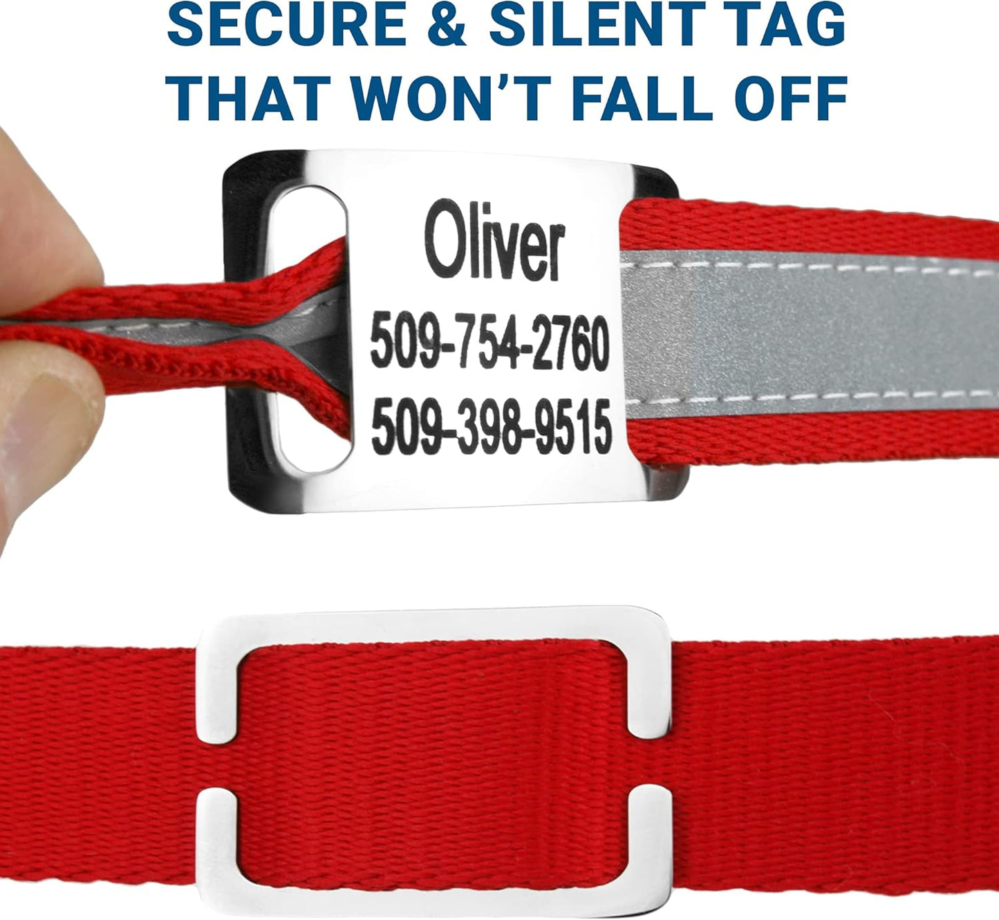 GoTags Reflective Personalized Dog Collar with Nameplate, Adjustable Dog Collar with Custom Engraved Steel Slide On Pet ID Tag, Silent, No Noise Dog Tag for Large Medium or Small (Red, Large)