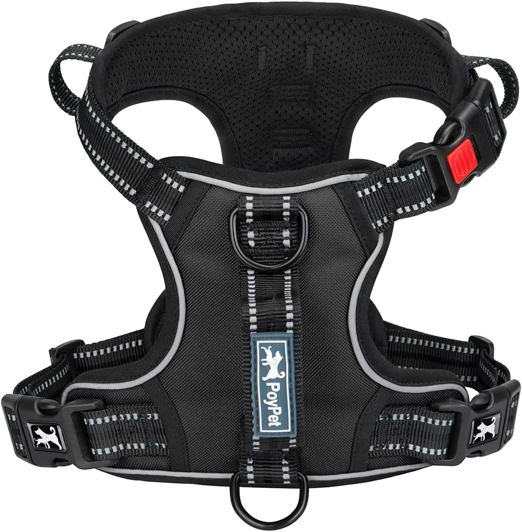 PoyPet No Pull Dog Harness, No Choke Front Clip Reflective Dog Vest with Soft Padded Vertical Handle, 3 Leash Attachments for Small Medium Large Dogs (Black,M)