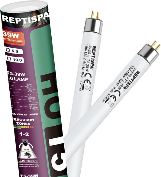 5.0 UVB Light for Reptiles, T5 HO 39 Watt Reptile Lamp Tube, Pack of 2 Fluorescent UVB Bulb, Basking Light for Bearded Dragon, Simulate Natural Sunlight for Reptiles and Amphibians