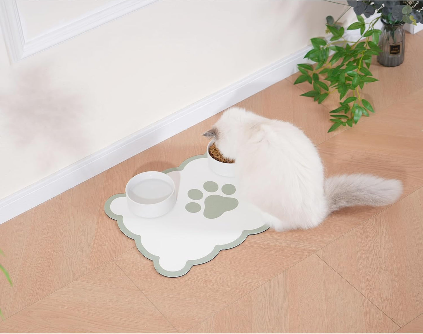 Ralxion Scalloped Dog Feeding Mat, Absorbent Mats for Dog Food and Water Bowl, Dispenser, Cute Elegant Aesthetic Sage Green Scallop Pet Placemat for Dogs, Cats, Puppy Accessories, 17" X 24”