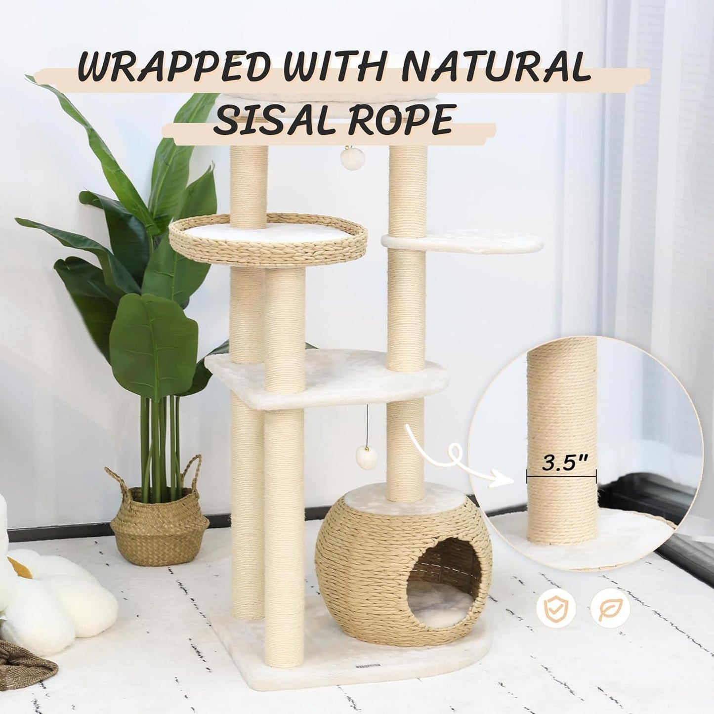 KAMABOKO Modern Cat Tree, 53" Cat Tower for Indoor Cats Natural Sisal Scratching Posts, Hand-Woven Condo & Top Perch, Cat Tree Tower for Kittens Climb Play & Rest