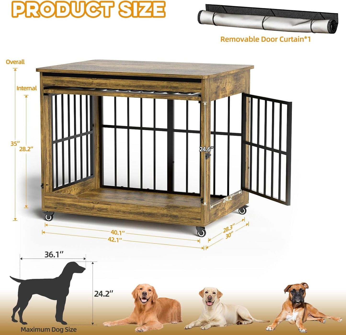 42" Large Dog Crate Furniture, Double Door Wooden Indoor Dog Kennel Furniture, Decorative Pet Cage End Table with Wheels for Large Breed Dogs, Size XL, Rustic Brown